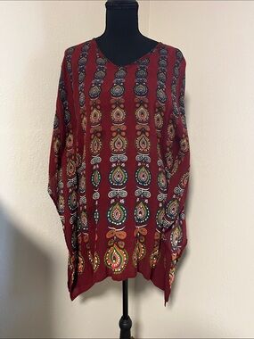 Earthbound Bohemian Tunic Kimono Red Printed V-Neck Women’s Top-Large